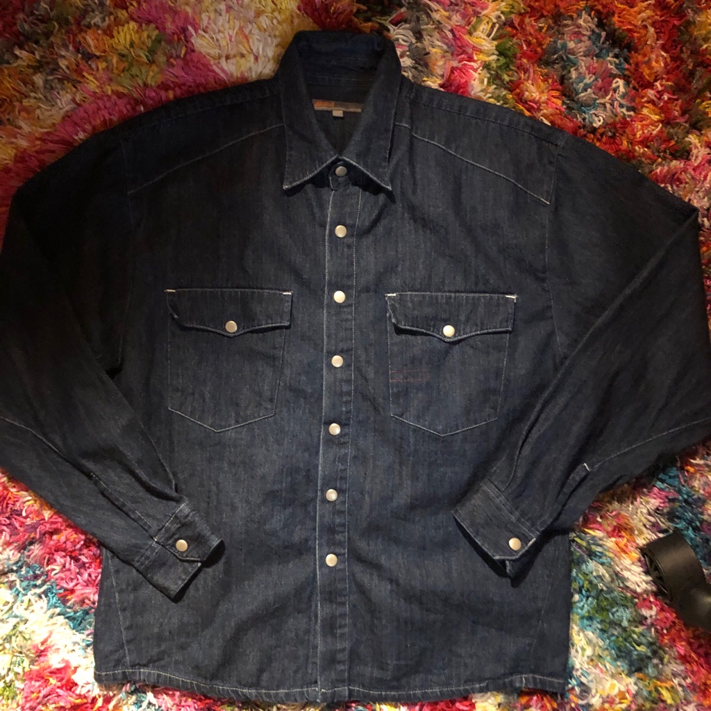 Men’s Bsa Motorcycle Dark Wash Denim Front Snap Shirt Size S Euc ( Like New)